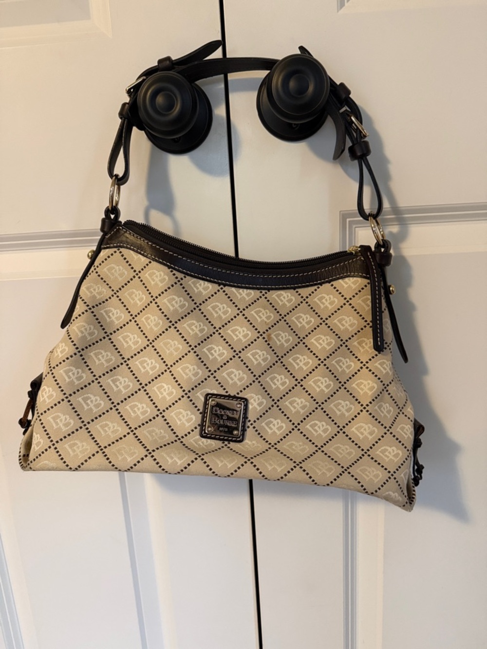 Dooney & Bourke Beige Logo-Print Shoulder Bag with Dark Brown Trim